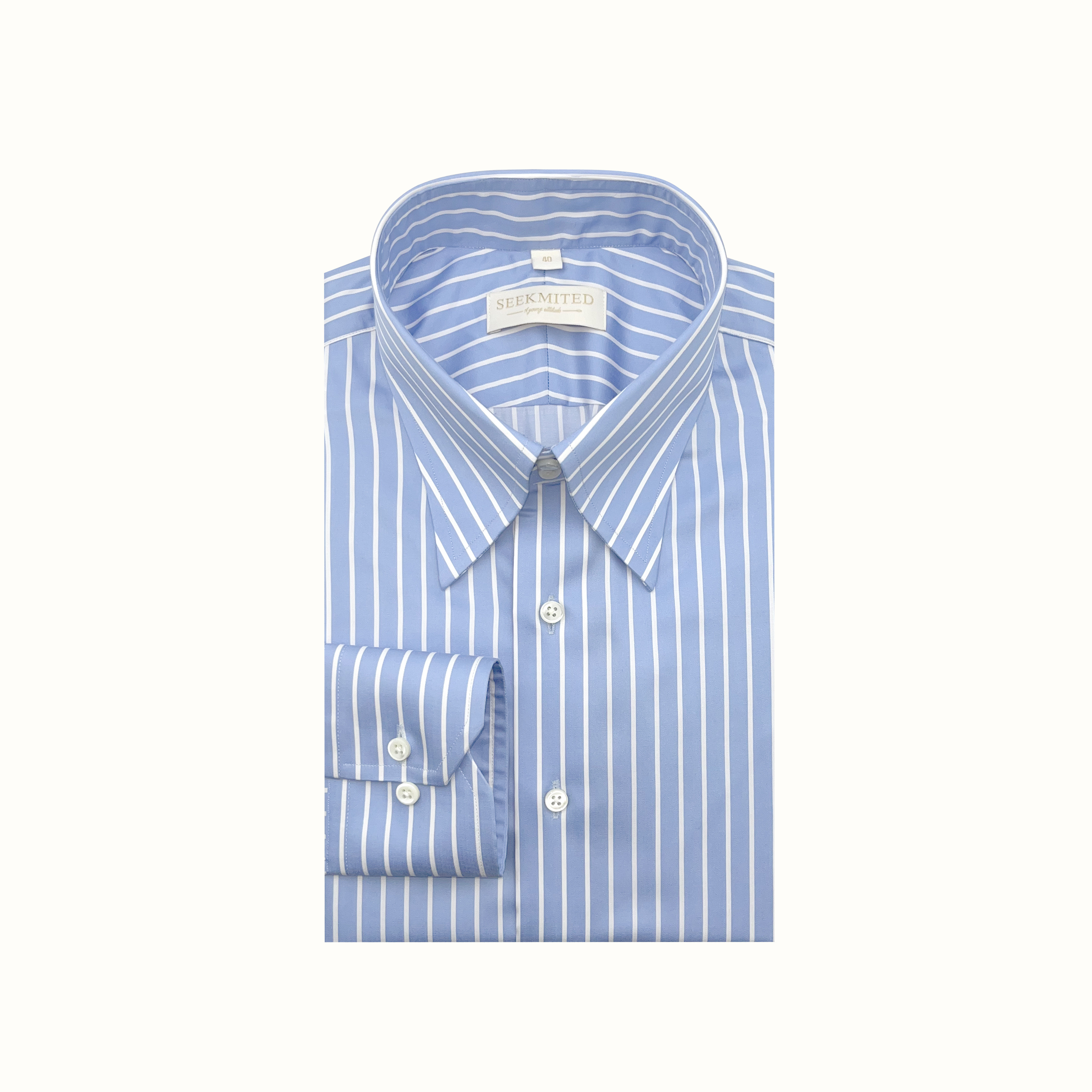 SEEKMITED意式商务长袖修身纯棉衬衣浅蓝细白条纹长尖领男士衬衫