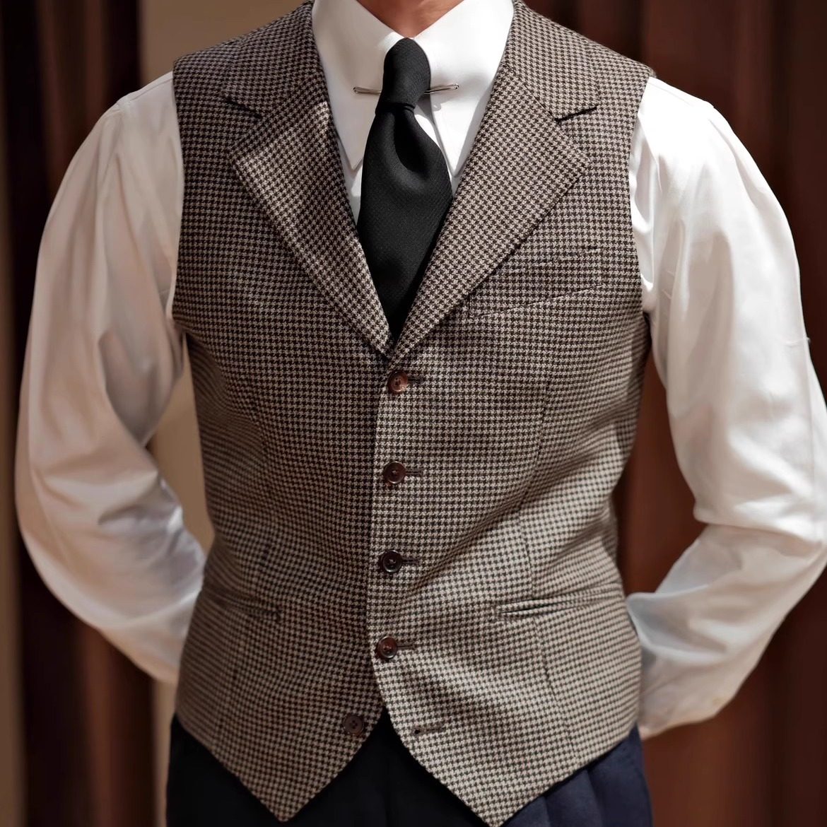 SEEKMITED千鸟纹单排扣羊毛西装马甲商务通勤平驳领内搭马甲,男装,常规马甲,淘宝优惠券,粉丝福利购,淘宝优惠卷