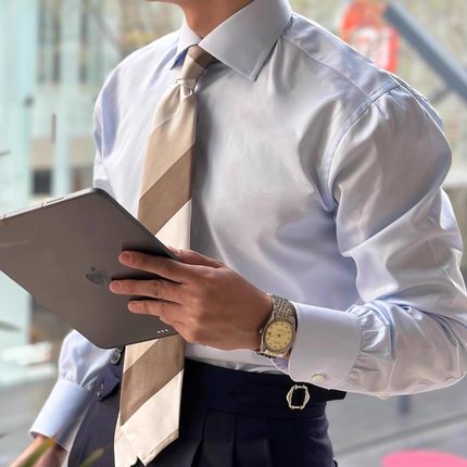 SEEKMITED意式纯棉瀑布袖大八领商务衬衫淡蓝色男生衬衣高支双股