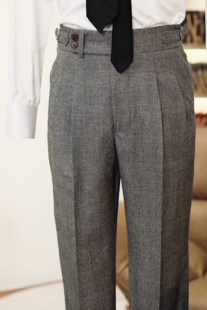 SEEKMITED秋冬法兰绒亲王格高腰灰色九分裤男士巴黎扣小直筒西裤