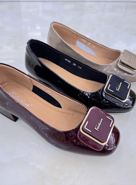 卡莱特斯2025 春新款低跟牛皮亮面百搭时尚浅口方头女单鞋081720