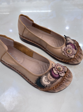 卡莱特斯2025春新款真皮休闲女单鞋平底豆豆鞋民族风妈妈鞋33075