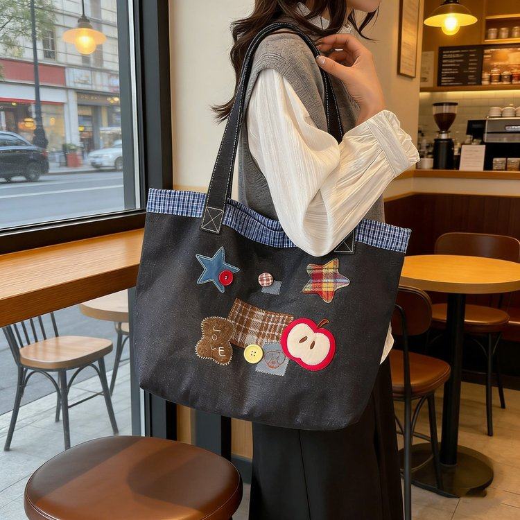 2026新款耶语牛仔托特包女大容量卡通贴布单肩手提包通勤包,箱包皮具/热销女包/男包,通用款女包,淘宝优惠券,粉丝福利购,淘宝优惠卷