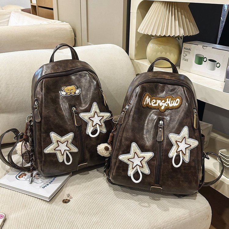 复古学院风双肩包包女秋冬2024新款潮韩国刺绣背包大容量学生书包