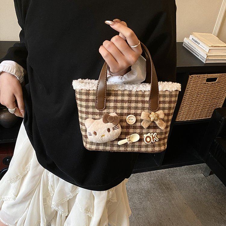 秋冬季高颜值猫咪手拎水桶配饰包小女孩洋气格子款百搭单肩斜跨包,箱包皮具/热销女包/男包,通用款女包,淘宝优惠券,粉丝福利购,淘宝优惠卷