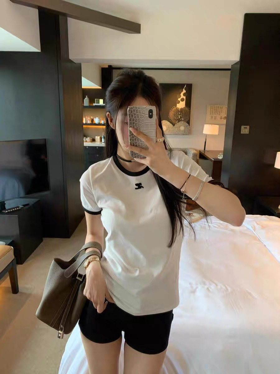 夏季新款t恤女白法式韩版同款拼色刺绣显瘦短袖修身纯棉圆领潮牌
