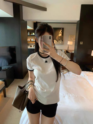 夏季新款t恤女白法式韩版同款拼色刺绣显瘦短袖修身纯棉圆领潮牌