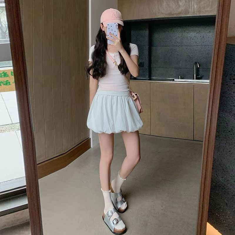 白色花苞短裙女2026夏季新款高腰a字泡泡蓬蓬裙小个子蛋糕半身裙