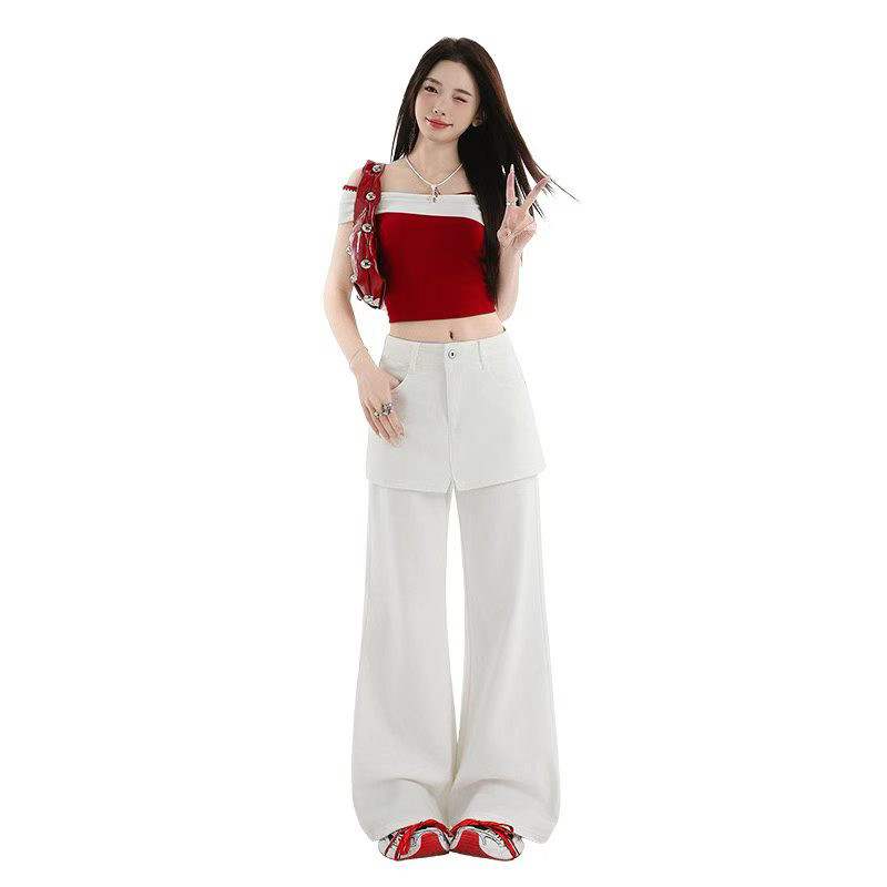 韩版宽松慵懒风假两件屁帘阔腿裤女士春夏高腰显瘦百搭休闲长裤子