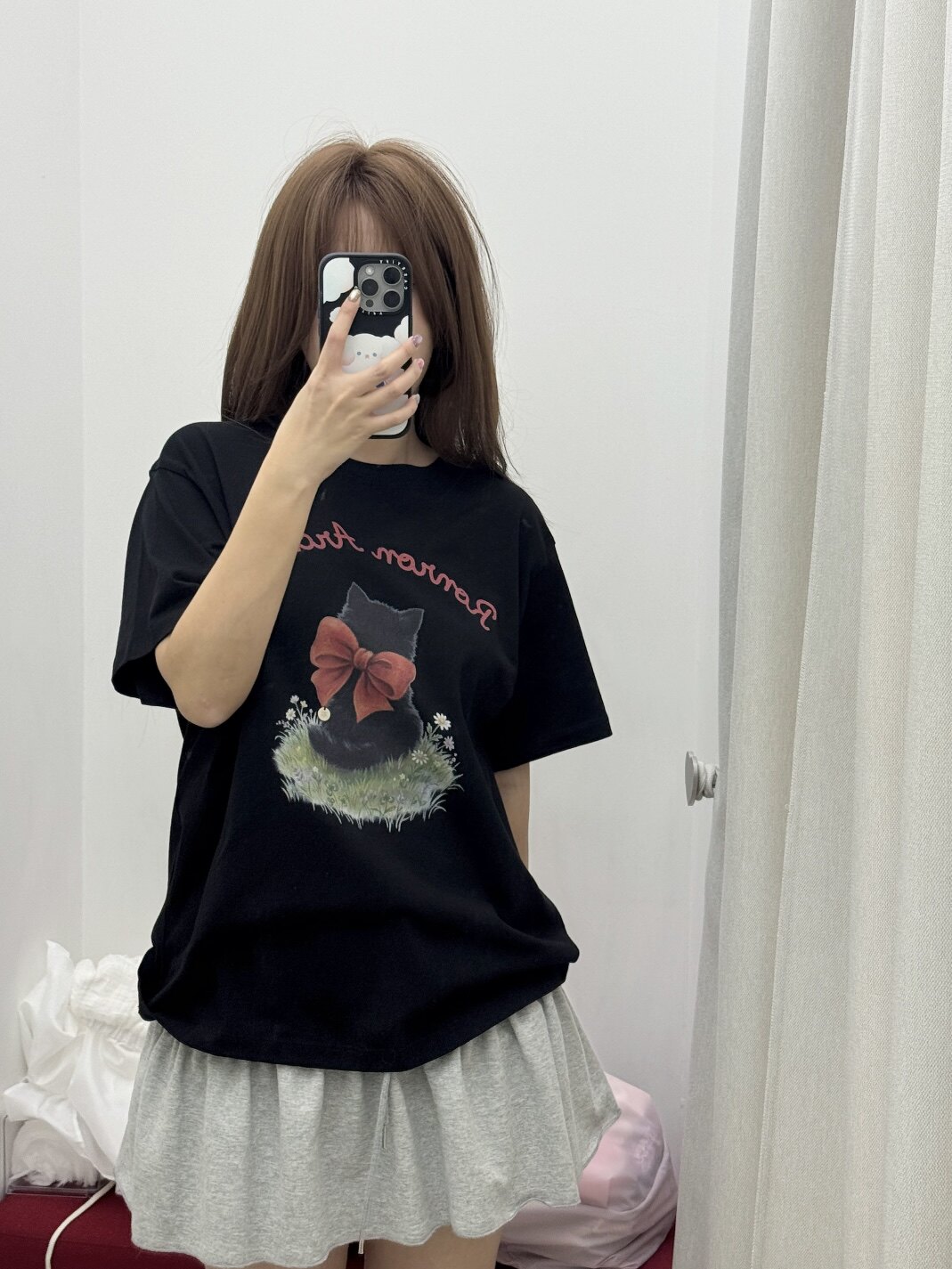 夏季新款韩版网红蝴蝶结猫咪字母印花圆领宽松短袖t恤女潮牌百搭