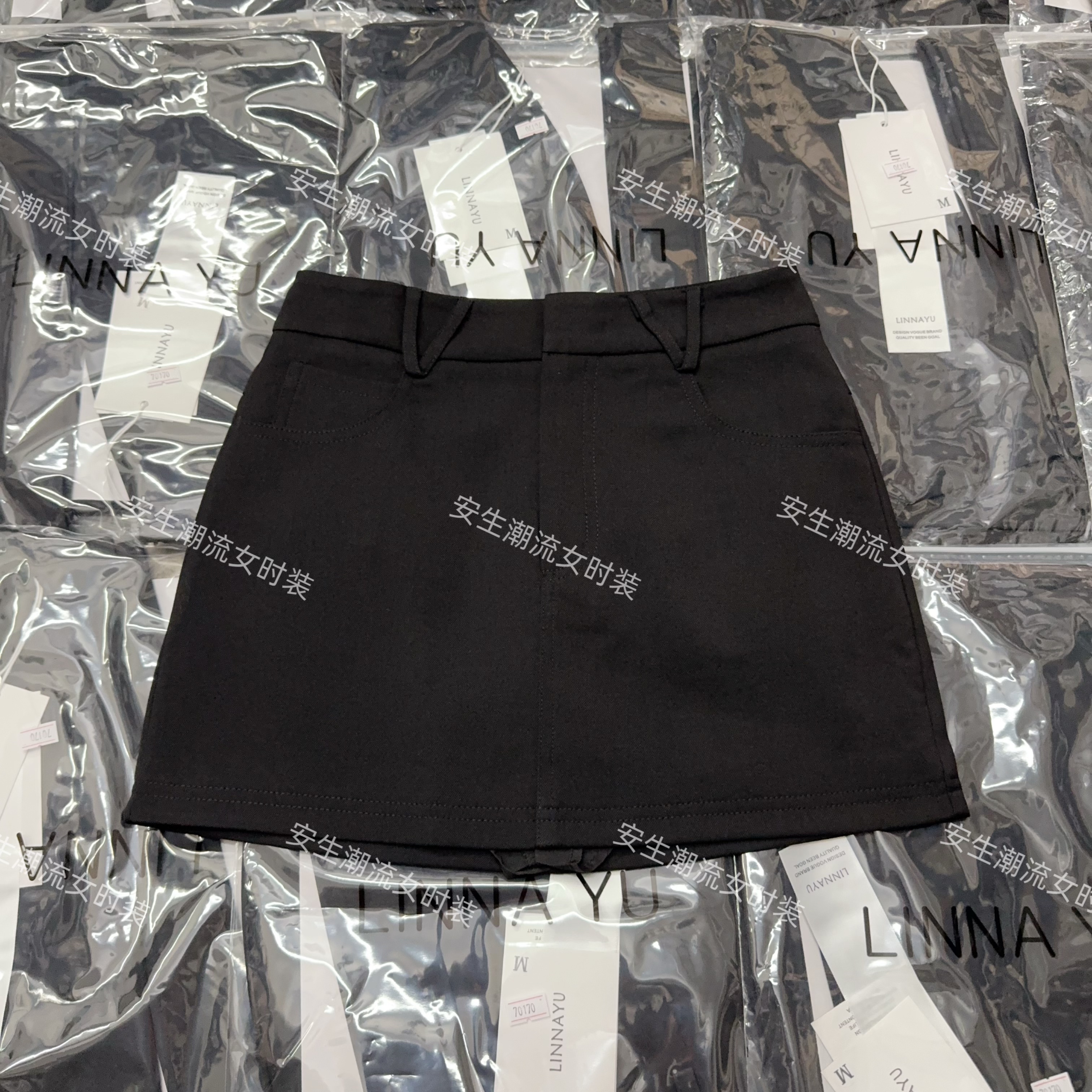 Linnayu夏新款短裙女高腰韩版网红防走光口袋西装气质包臀半身a字