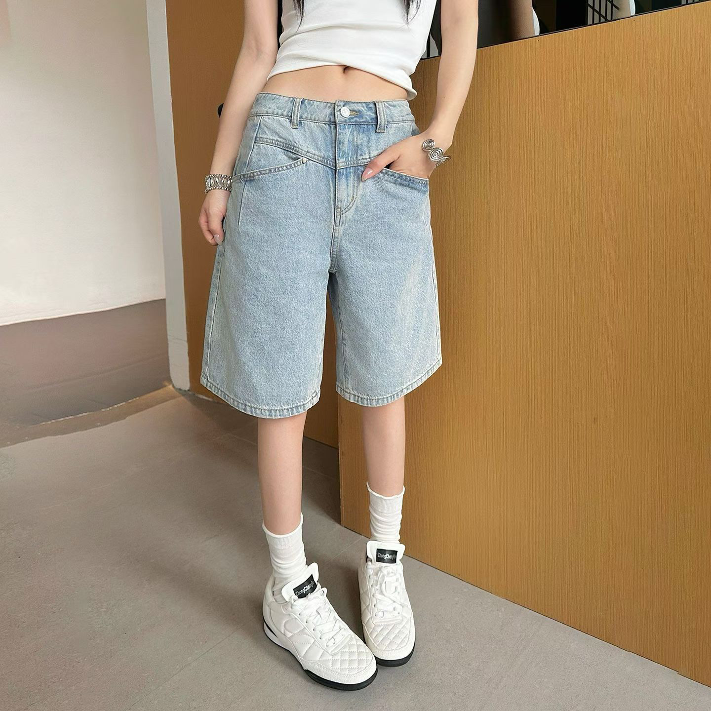 美式复古高腰宽松五分裤夏款新款百搭松弛短裤直筒牛仔裤女潮牌