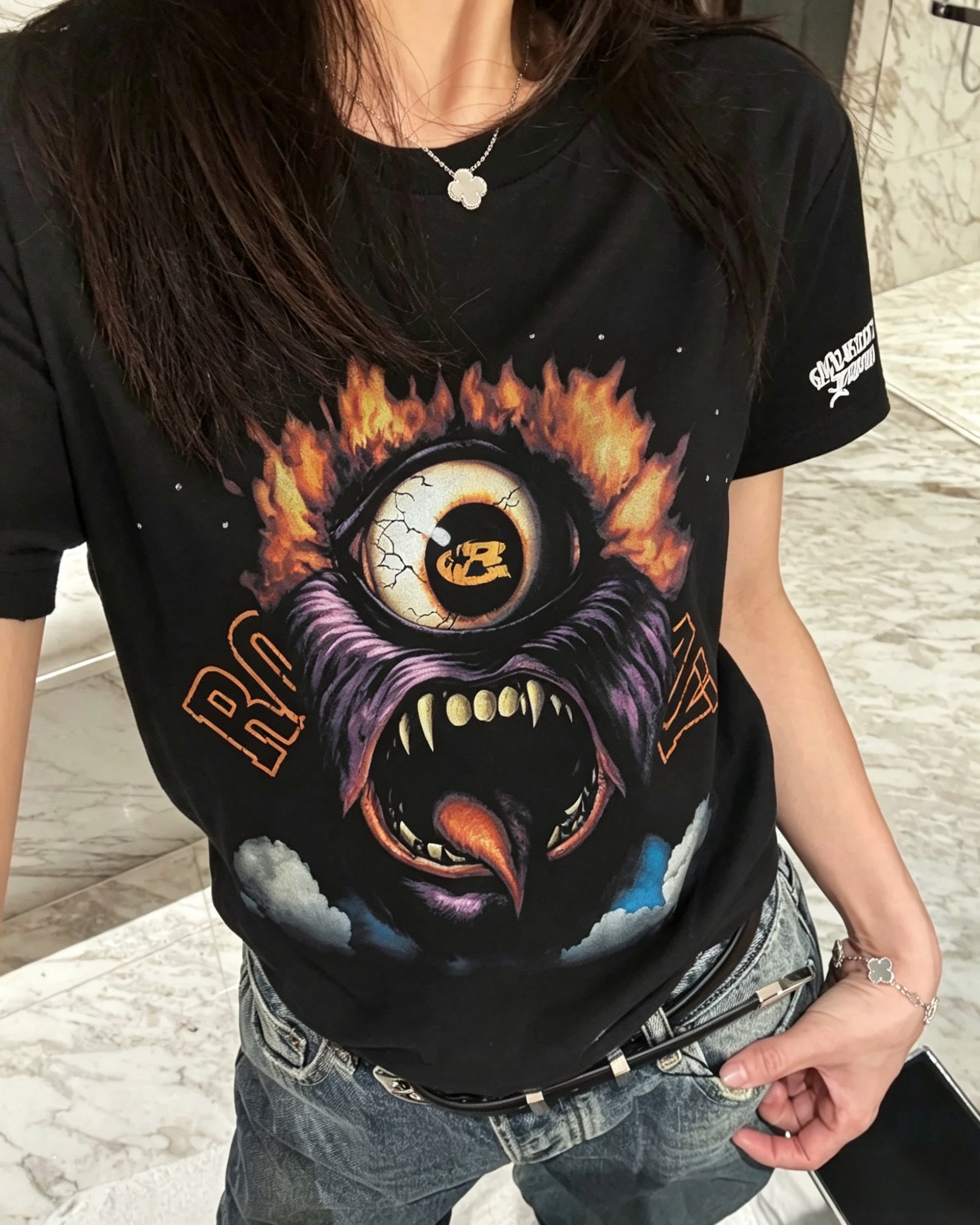 夏季新款韩范美式休闲感字母印花圆领短袖T恤女个性镶钻潮牌宽松