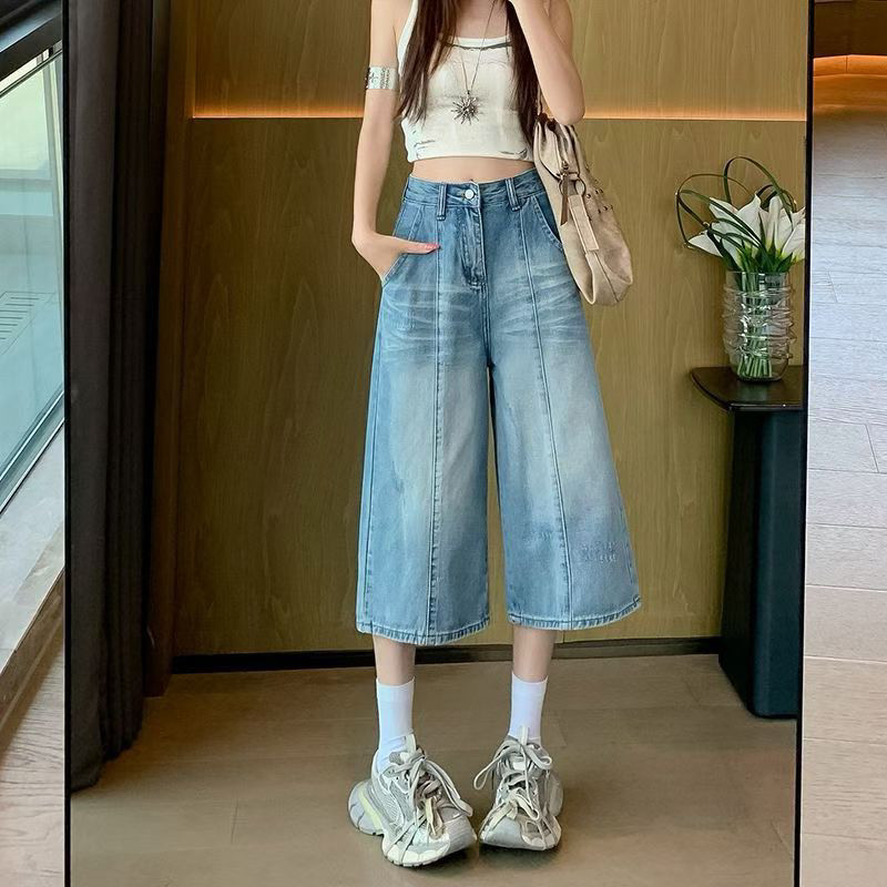 美式复古磨破宽松七分牛仔裤女夏季2026新款高腰松弛感休闲汽水裤