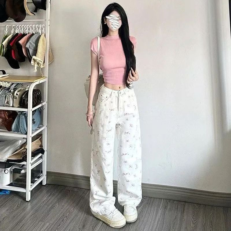 高腰牛仔裤夏季直筒白色碎花设计2026新款阔腿新款宽松拖地长裤潮