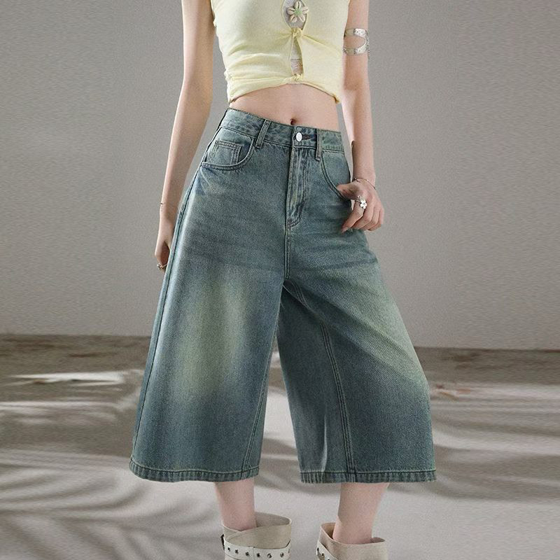 浅色七分牛仔裤女夏季2026新款高腰小个子宽松阔腿裤美式潮牌新款