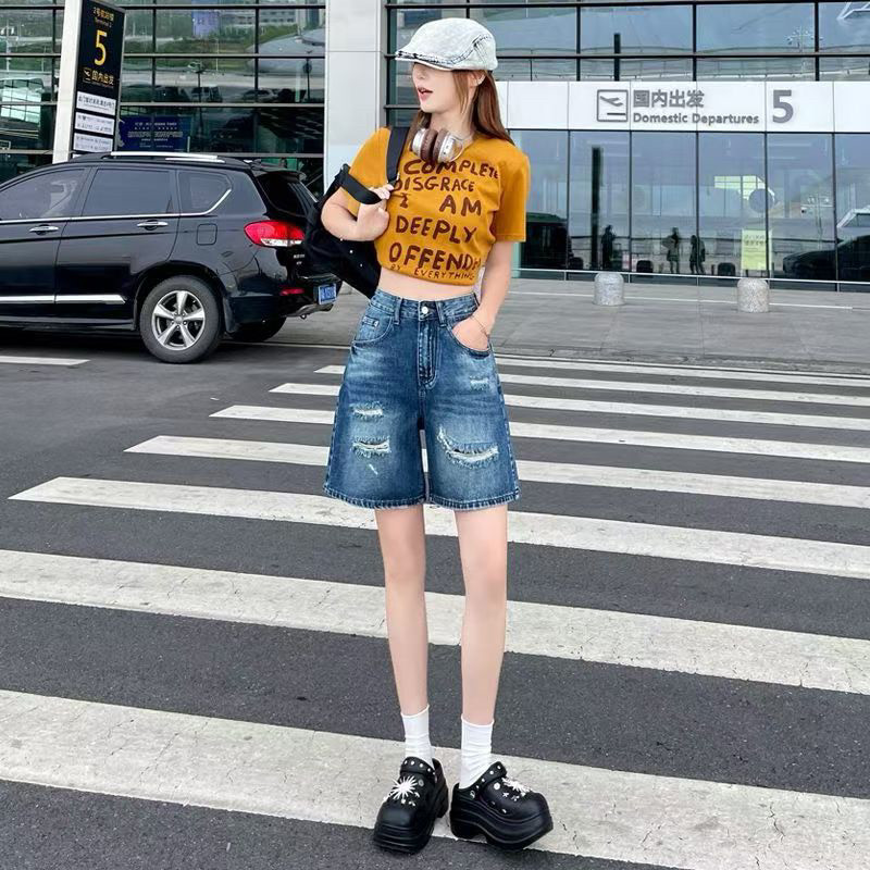 2026春夏季新款五分裤破洞牛仔裤女短裤高腰修身潮牌韩版欧美短裤