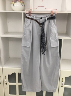 白色丝巾腰带弯刀裤女松紧腰宽松显瘦工装裤阔腿裤休闲裤长裤子
