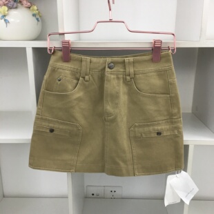 秋季 短裙半身裙高腰显瘦A字短裙百搭休闲裙子 高腰卡其色牛仔工装
