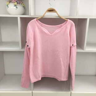 秋冬季粉色V领蝙蝠袖长袖套头羊毛毛衣针织衫女纽扣柔软保暖上衣