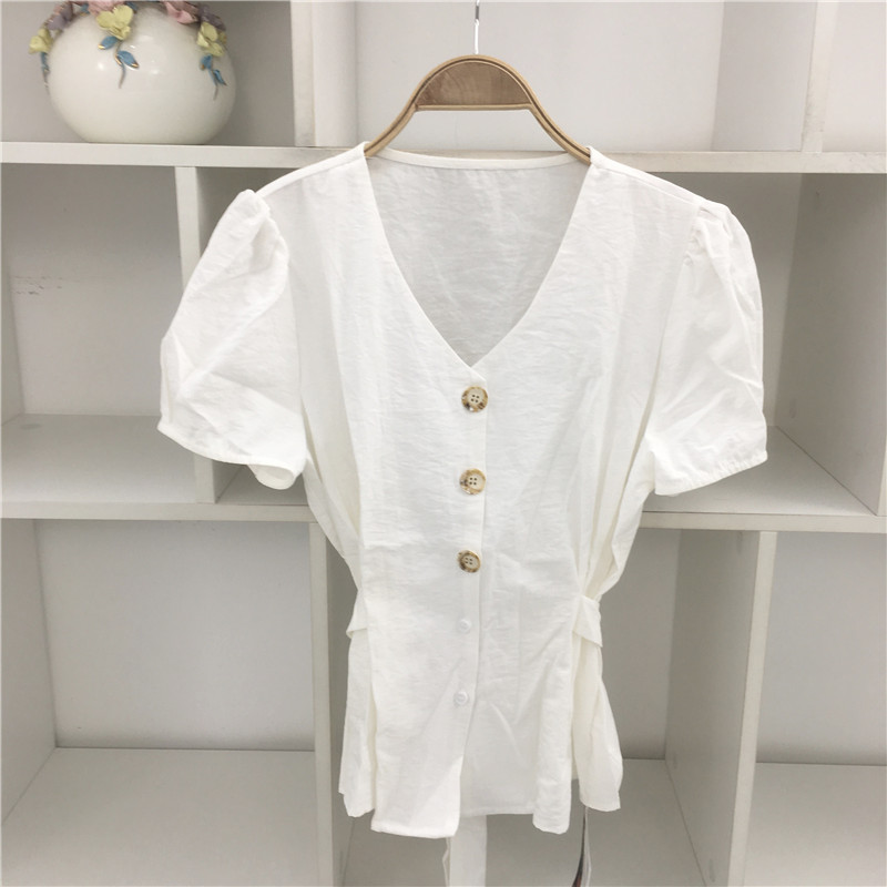V领白色短袖衬衫女宽松显瘦百搭