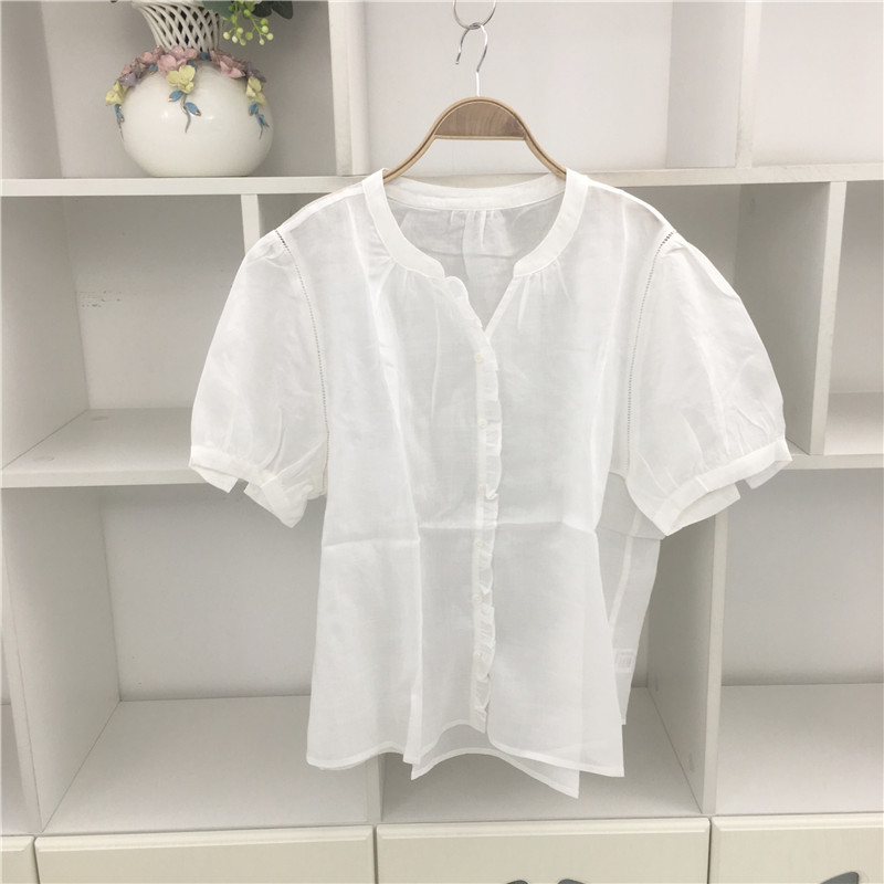 夏V领短袖白色天丝苎麻衬衫衬衣