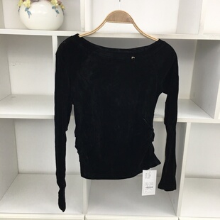显瘦短款 斜肩露肩圆领长袖 修身 T恤打底衫 上衣 黑色丝绒网纱衫