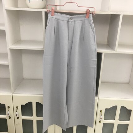 夏季高腰松紧腰米白色棉麻直筒裤阔腿裤女宽松显瘦休闲裤通勤长裤