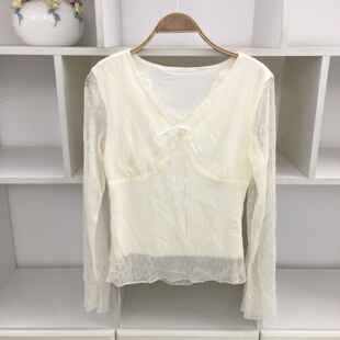 法式V领蝴蝶结蕾丝衫衬衫女长袖修身显瘦打底衫白色上衣