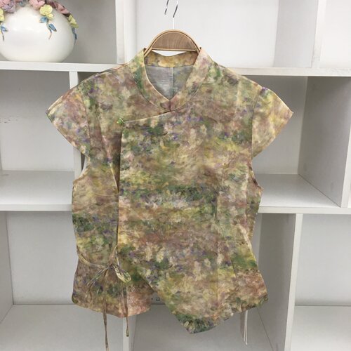 新中式立领短袖晕染衬衫女宽松
