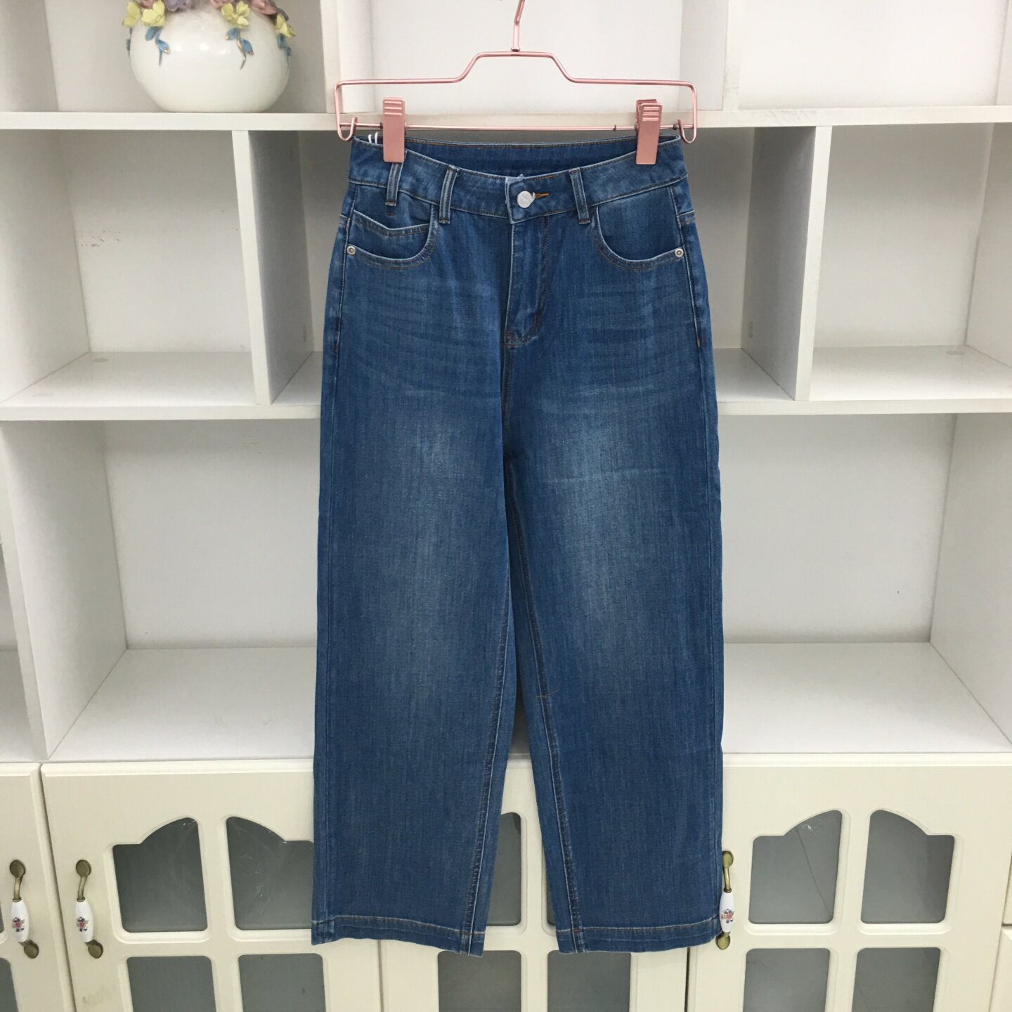 高腰蓝色四面弹力牛仔裤女直筒裤
