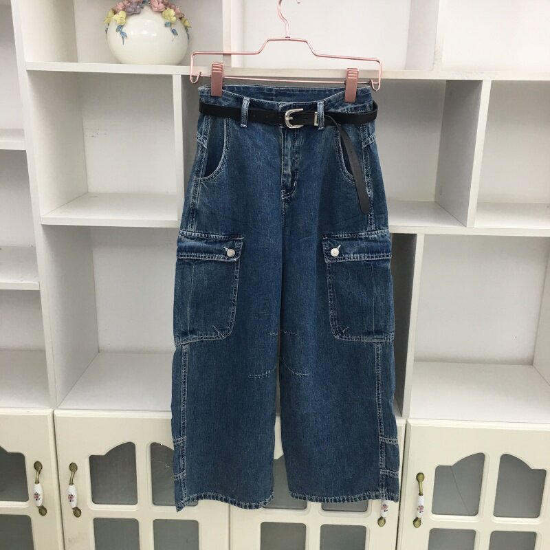 工装牛仔裤女九分阔腿裤多口袋