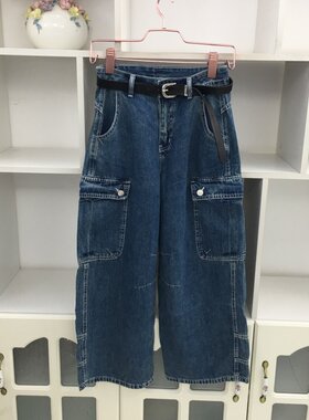 工装牛仔裤女九分阔腿裤多口袋