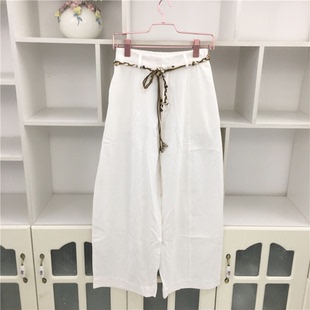9分裤 白色棉布宽松显瘦百搭弯刀裤 休闲慵懒风高腰系带阔腿裤 春季