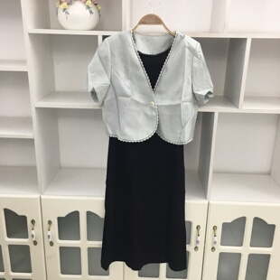 韩版时尚套装女蕾丝花边V领短袖外套吊带裙两件套洋气