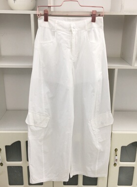 夏季高腰棉质白色工装裤阔腿裤女宽松休闲裤长裤子多口袋显瘦百搭