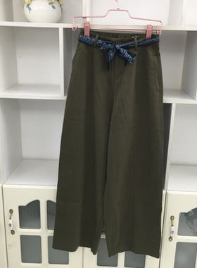 春季高腰军绿色棉布直筒裤阔腿裤女宽松显瘦弯刀裤休闲裤通勤长裤