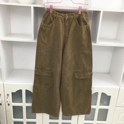 高腰显瘦牛仔裤工装阔腿裤哈伦裤