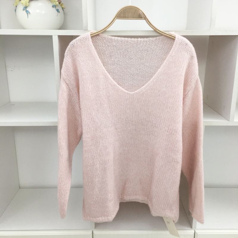 冬温柔风V领长袖白色软糯羊毛毛衣毛针织衫宽松慵懒粉色毛衣上衣