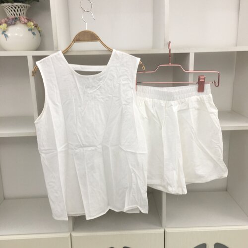 两件套装无袖白色棉衬衫背心短裤