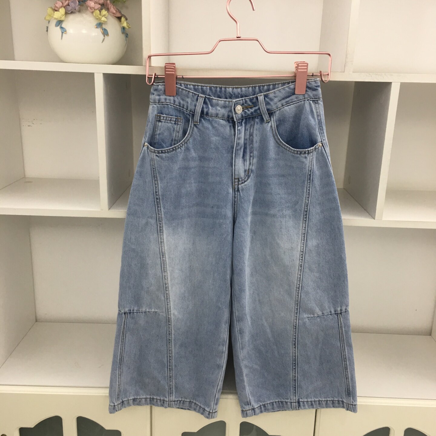 蓝色水洗牛仔裤直筒阔腿裤女显瘦