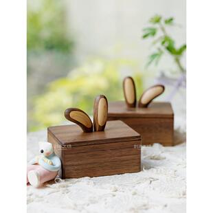 新疆包邮创木工坊小兔耳朵收纳盒/实木创意茶几桌面收纳治愈摆件