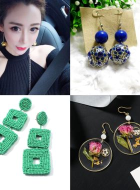 金色蓝色银色球球精品波西米亚设计刺绣耳环文艺范民族鲜花耳环