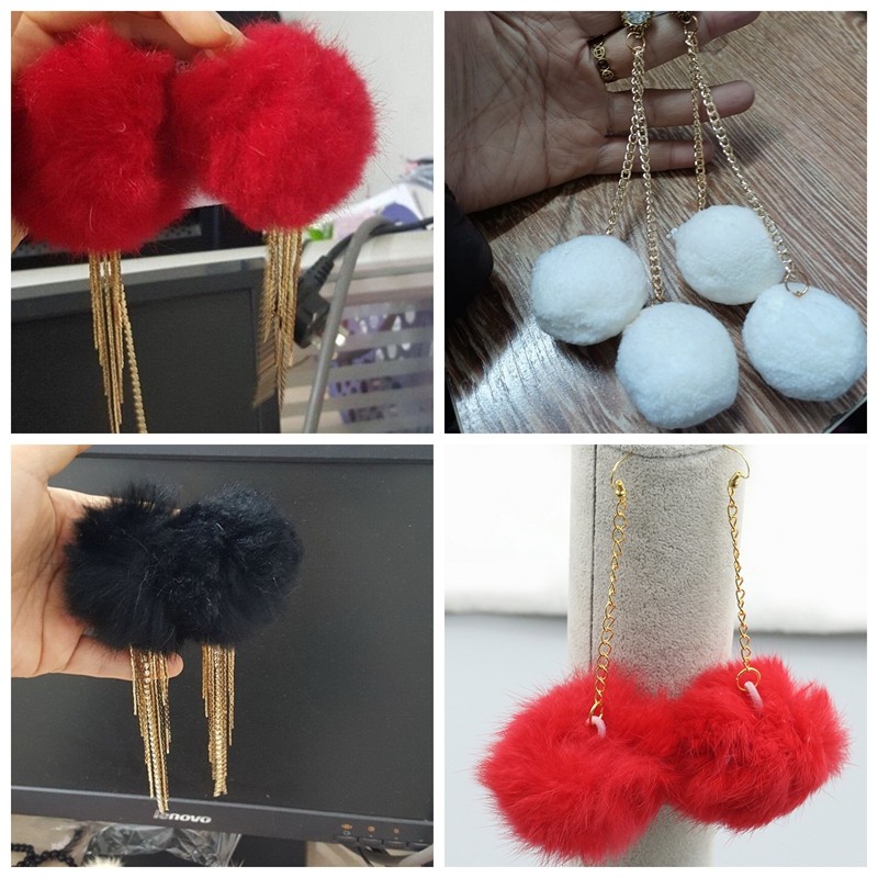 新品秋冬貂绒小众温暖甜美兔毛毛球黑色白色玫红长兔毛球耳环耳饰