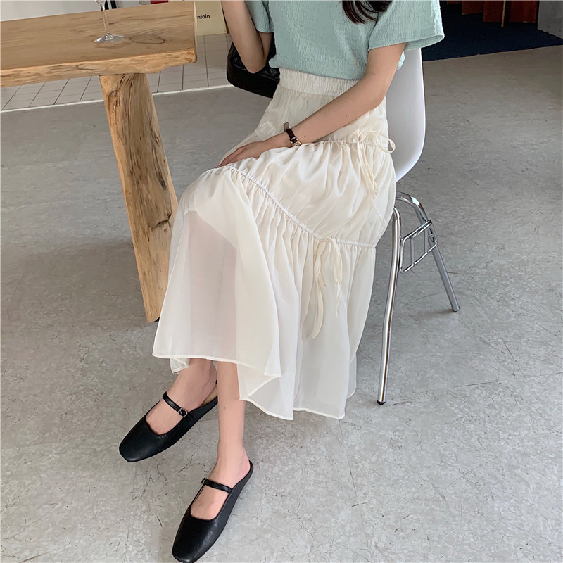 Summer new high waist thin bow skirt cake mid long skirt girl