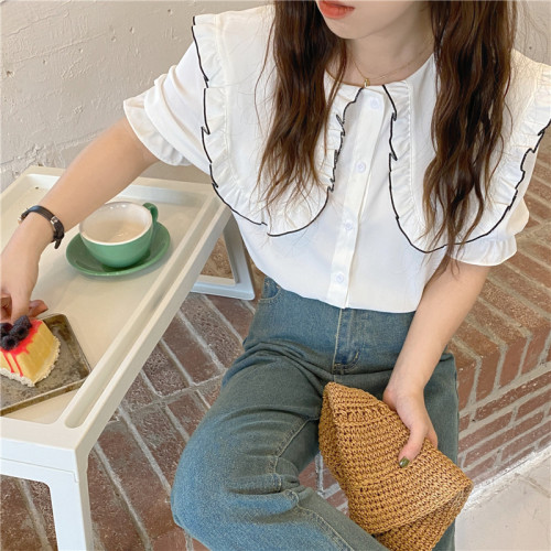 Real shot and real price Spring and summer fresh baby doll collar solid color short-sleeved shirt for women