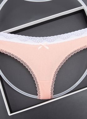 新款性感女士蕾丝边拼接螺纹棉低腰丁字裤日系甜美内裤