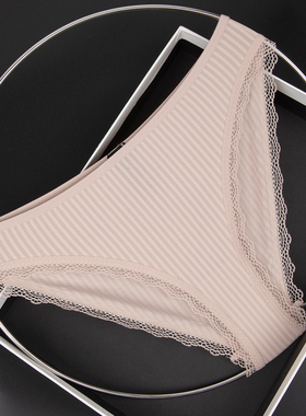 玫瑰棕女士蕾丝边性感条纹纹理三角裤舒适透气柔软包臀内裤