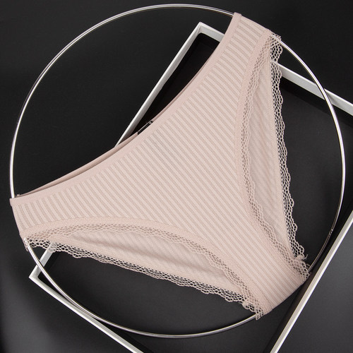 玫瑰棕女士蕾丝边性感条纹纹理三角裤舒适透气柔软包臀内裤