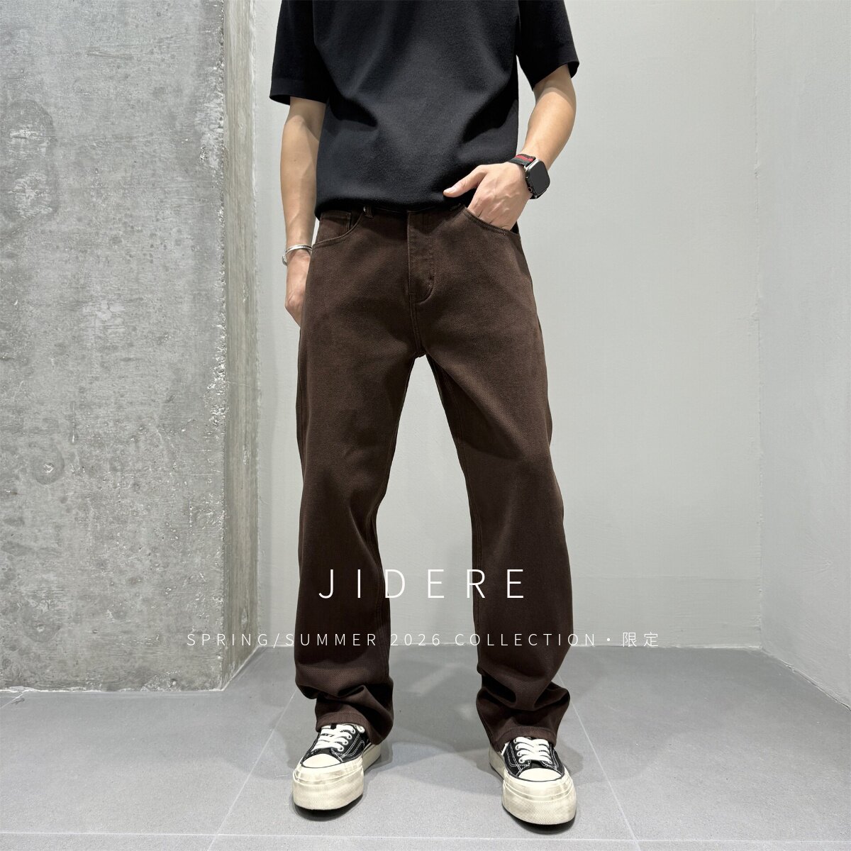 JIDERE美式复古水洗原色直筒牛仔裤男士春夏款老钱风简约有型长裤